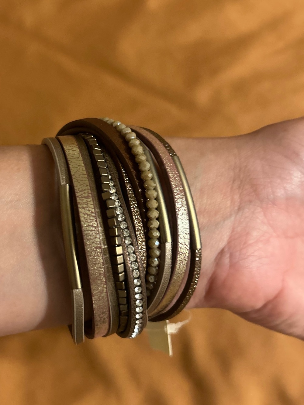 SAACHI Brown and Gold Multi-Strand Wrap Bracelet with Rhinestones